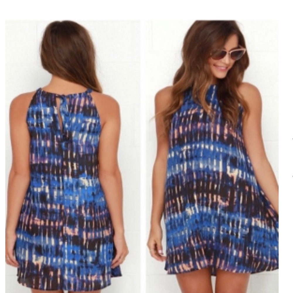 BB Dakota Aubree Tie Dye Stripe Halter Blue Black Purple Trapeze Swing Dress S